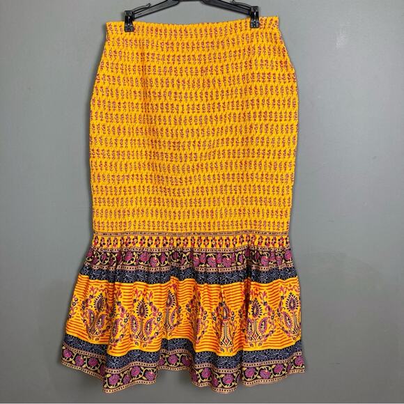 J. Crew skirt size 14 Pencil midi yellow Sunny Block Print tiered batik India - Picture 3 of 10